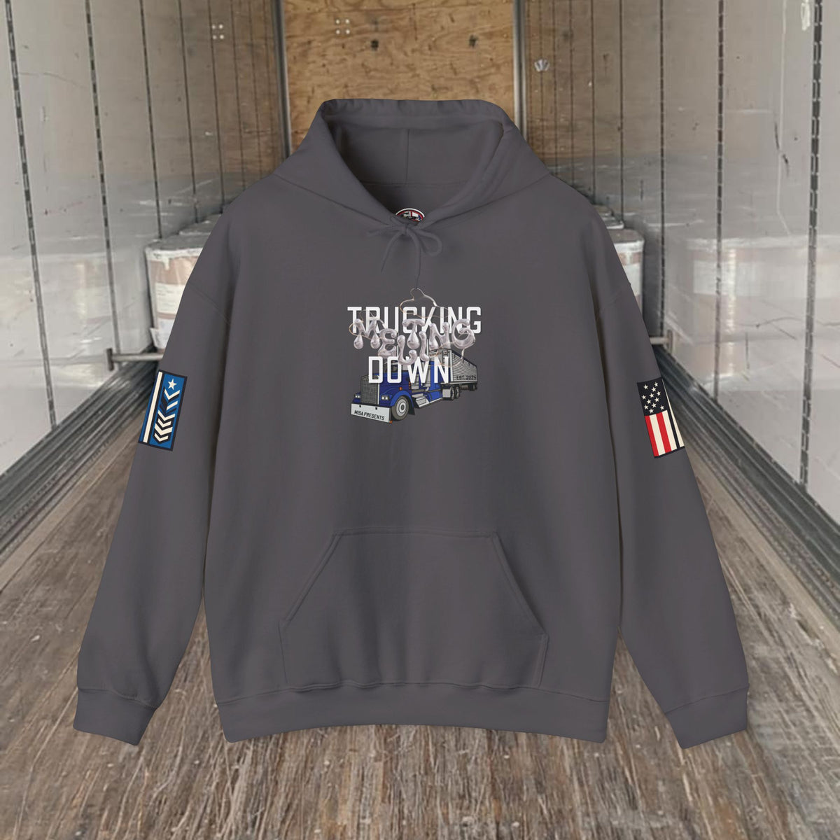Dark heather trucking meltdown hoodie by Printify featuring trucker and freight broker-themed graphic, casual and comfortable fit.