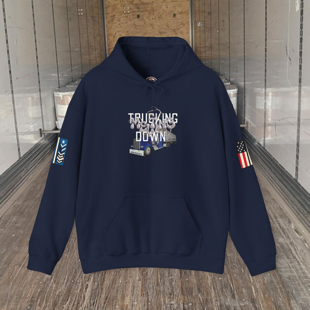 Dark heather Trucking Meltdown Hoodie for truckers and freight brokers by Printify, featuring a comfortable, casual hoodie design.