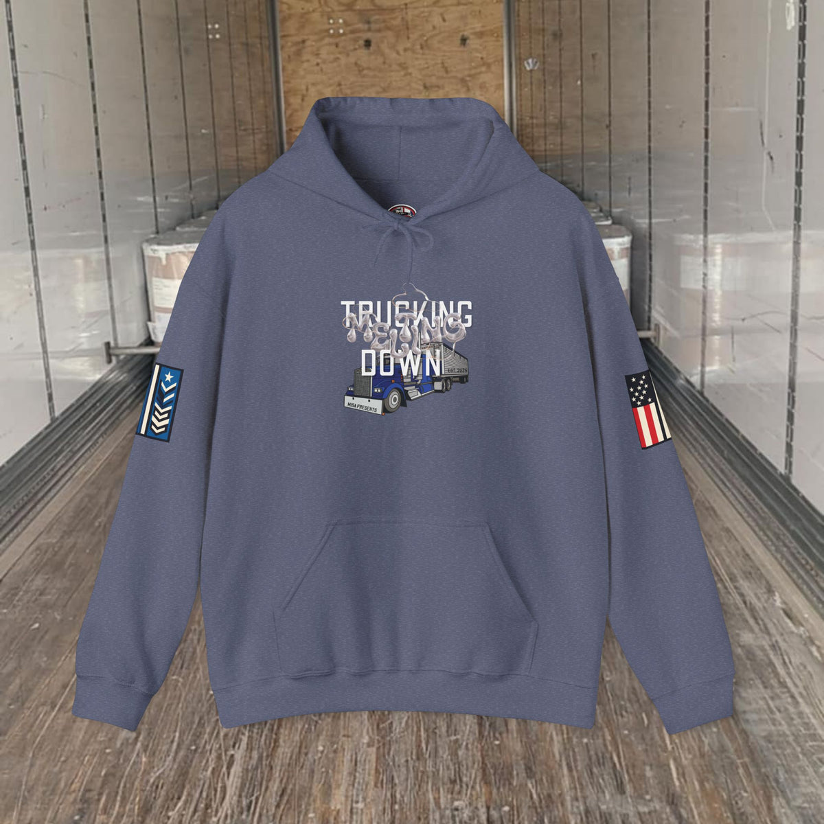 Dark heather trucking meltdown hoodie for truckers and freight brokers by Printify, featuring a comfortable fit and casual style.