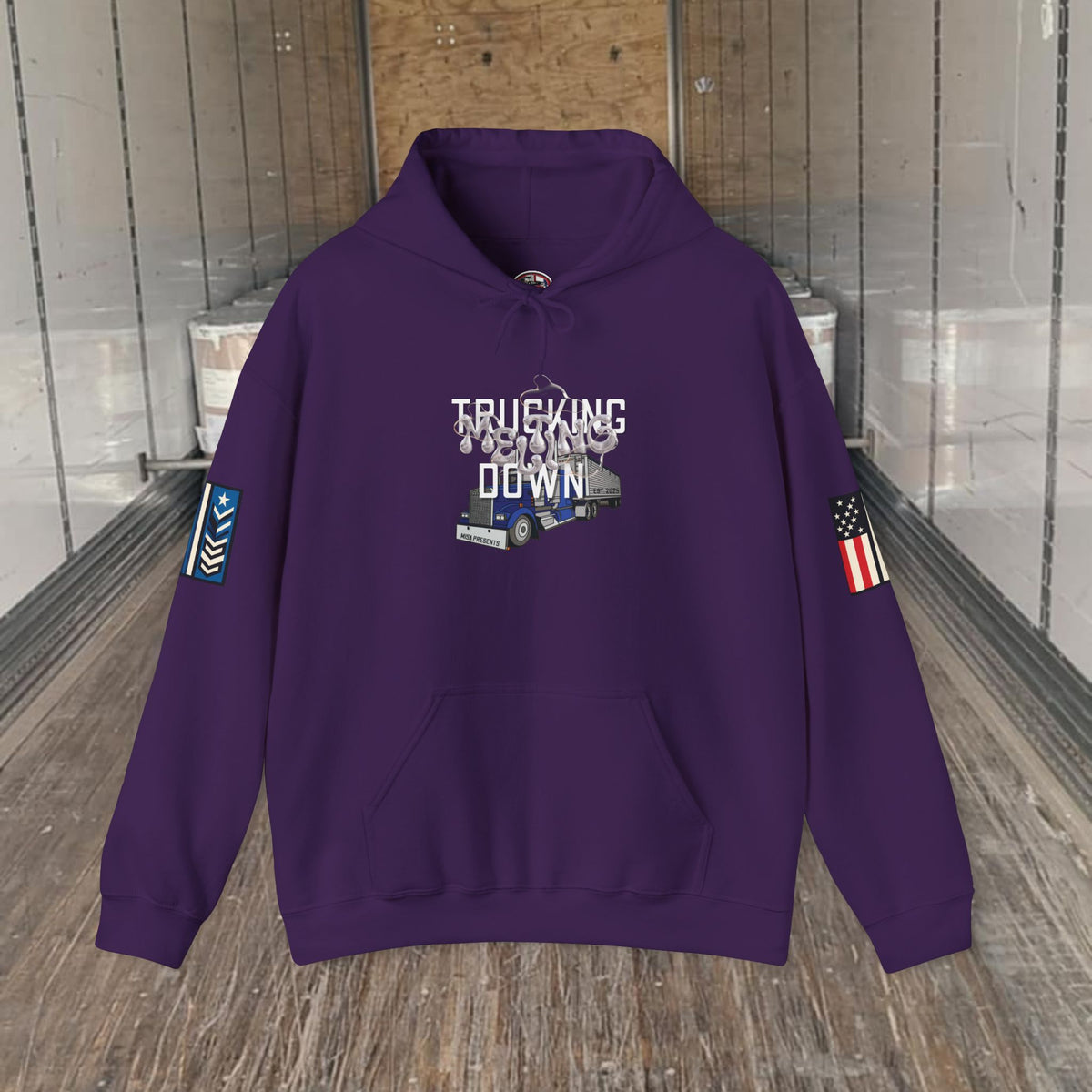 Dark heather trucking meltdown hoodie by Printify featuring bold trucker and freight broker graphics on a comfortable hoodie.