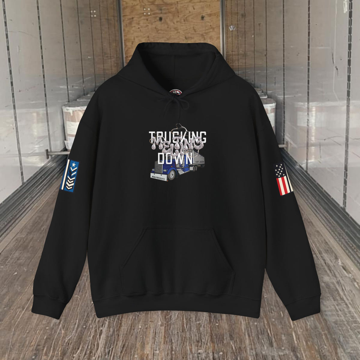 Dark heather trucking meltdown hoodie by Printify featuring bold trucker and freight broker-themed design.