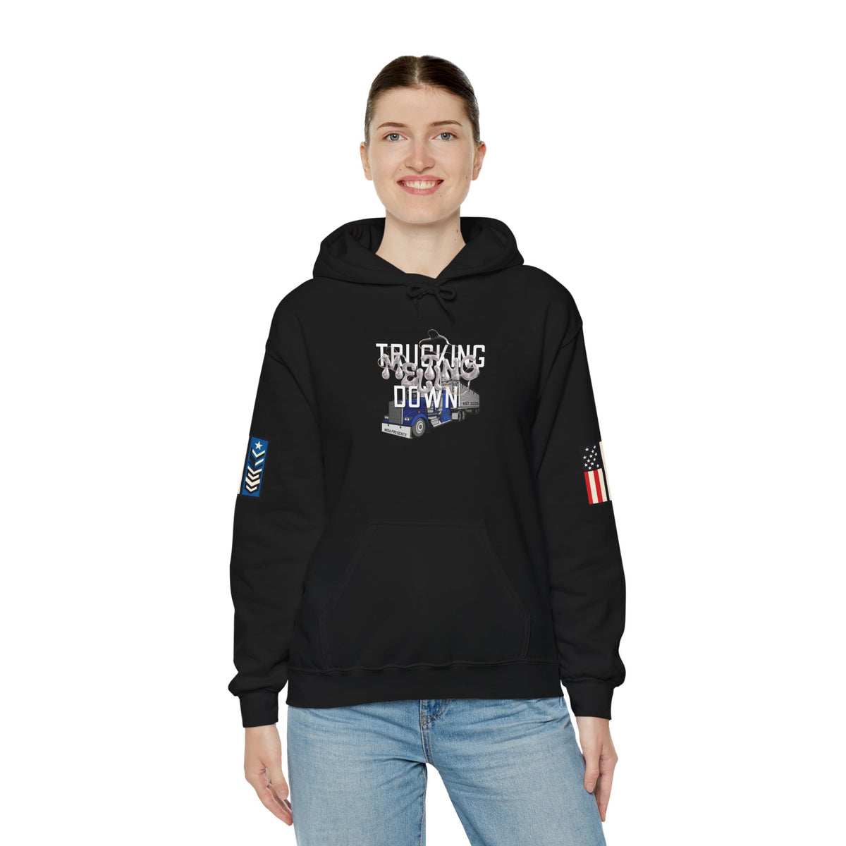 Dark heather trucking meltdown hoodie for truckers and freight brokers, featuring a comfortable, casual hoodie with printed design.