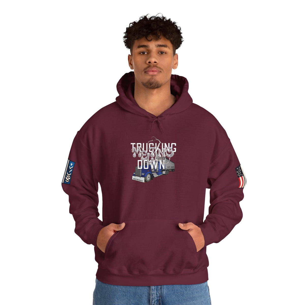 Dark heather trucking meltdown hoodie for truckers and freight brokers, featuring a comfortable printify hoodie design.