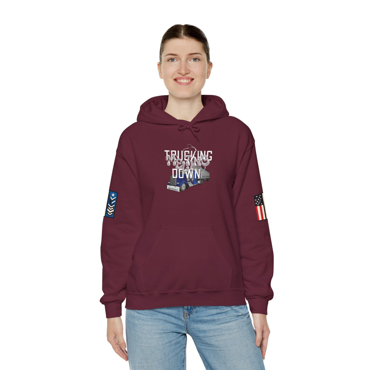 Dark heather trucking meltdown hoodie for truckers and freight brokers, featuring a comfortable pullover design by Printify.