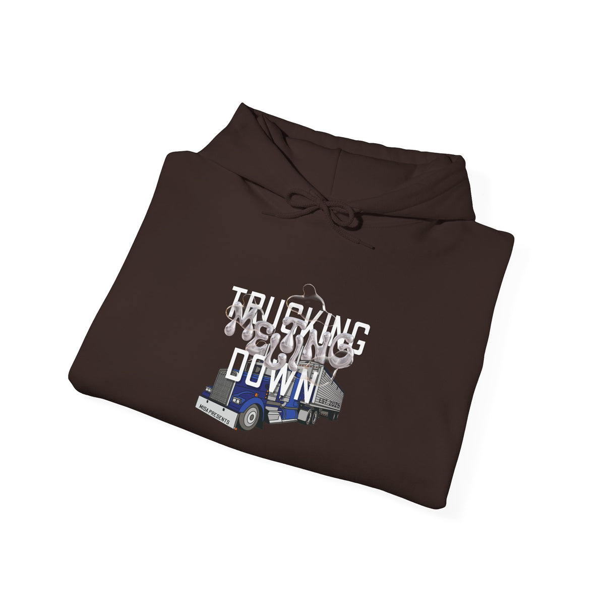 Dark heather trucking meltdown hoodie for truckers and freight brokers, featuring a comfortable fit and printed branding.