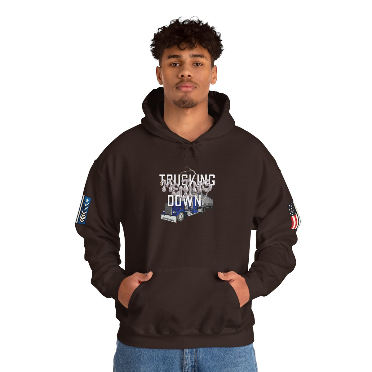 Dark heather trucking meltdown hoodie for truckers and freight brokers by Printify, featuring a comfortable, casual hoodie design.