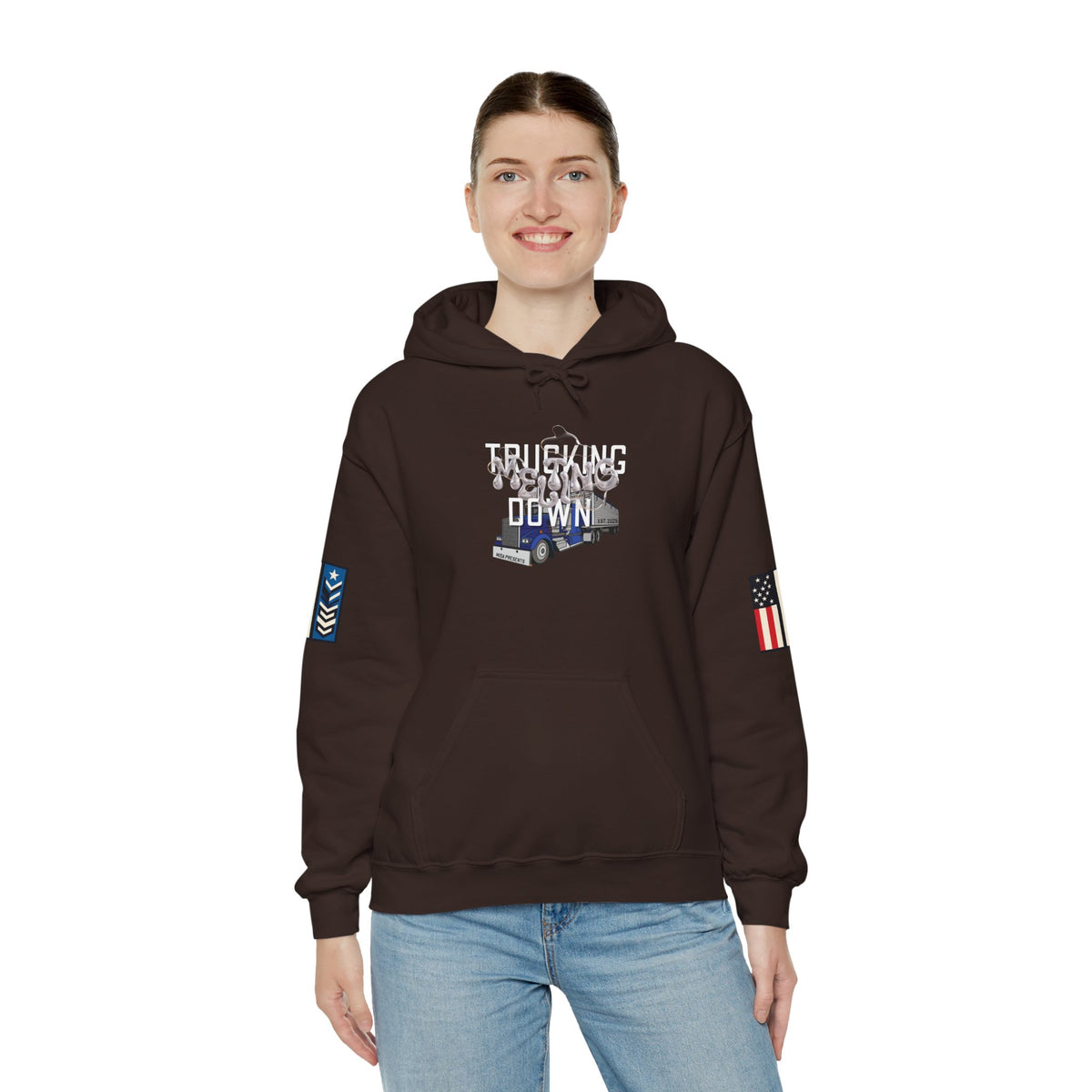 Dark heather Trucking Meltdown hoodie for truckers and freight brokers, featuring bold graphic design and comfortable fit.