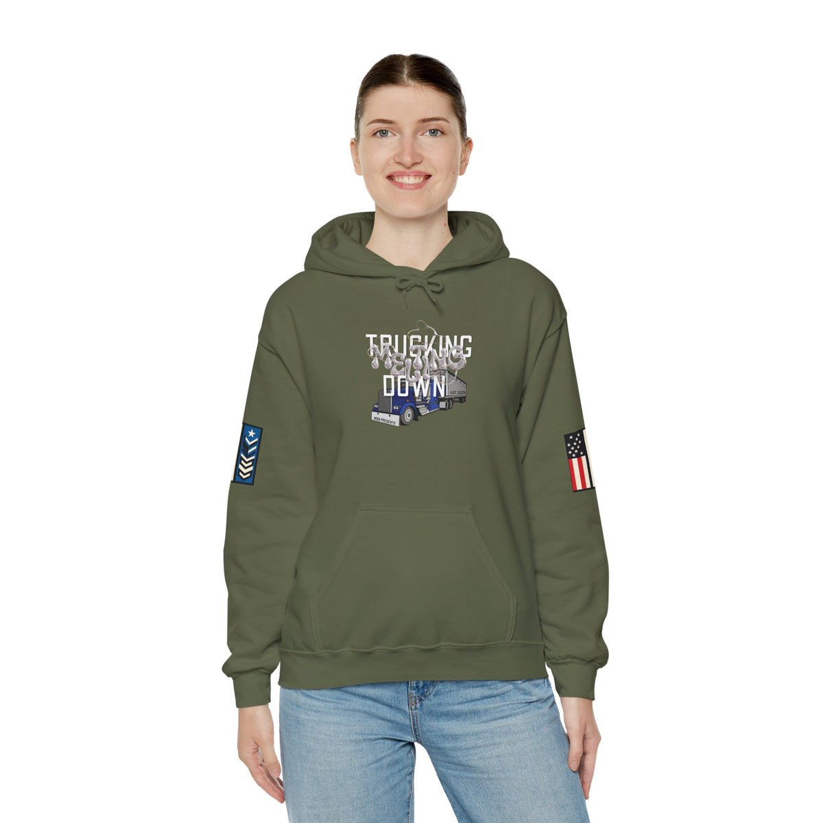 Dark heather trucking meltdown hoodie for truckers and freight brokers, featuring bold graphic design on a comfortable Printify hoodie.