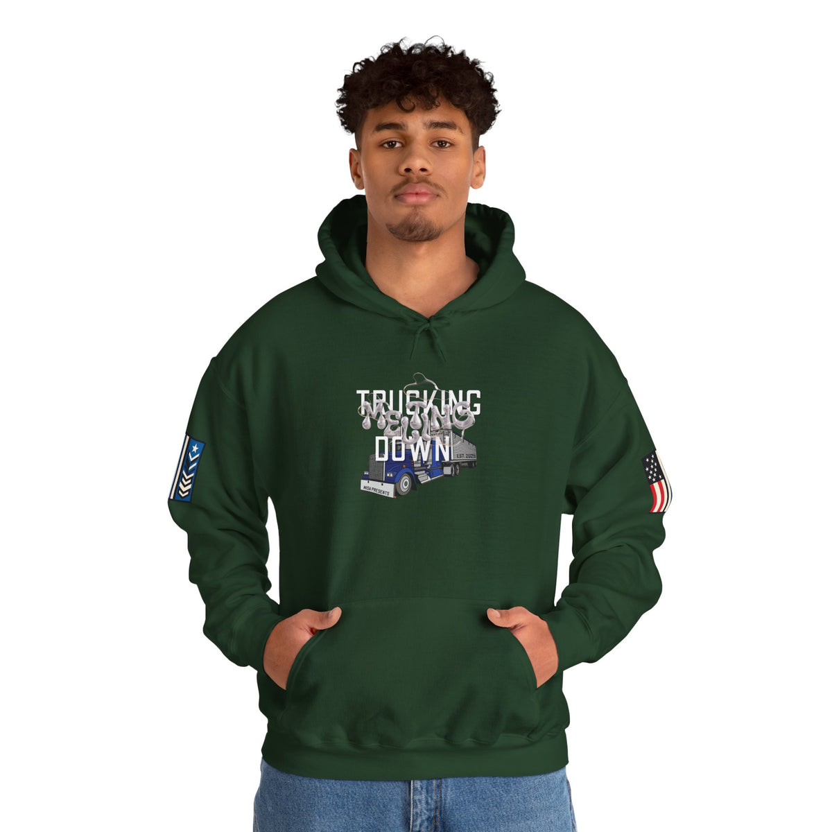 Dark heather trucking meltdown hoodie by Printify featuring trucker and freight broker graphic, casual fit, and comfortable fabric.