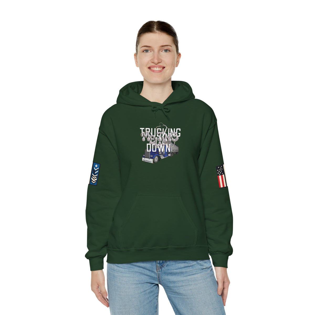 Dark heather Trucking Meltdown Hoodie by Printify featuring bold trucking and freight broker graphics on a comfortable hoodie.