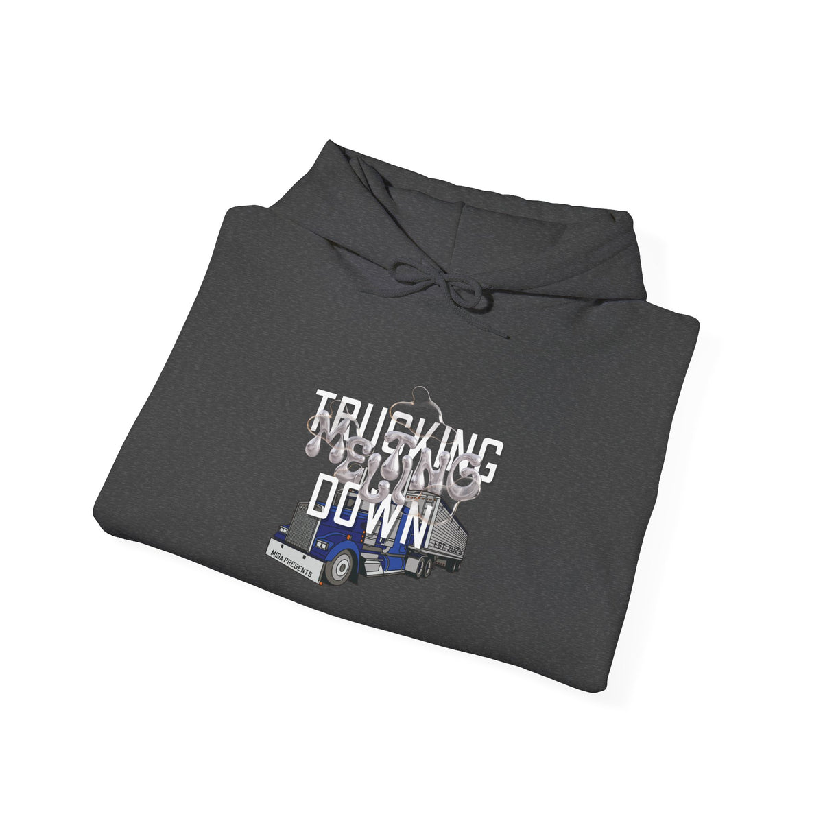 Dark heather trucking meltdown hoodie for truckers and freight brokers by Printify, featuring bold graphic design and comfortable fit.