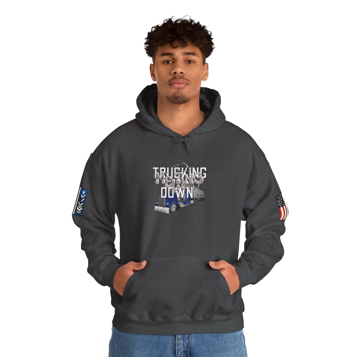Dark heather trucking meltdown hoodie for truckers and freight brokers, featuring bold printed design on a comfortable hoodie.