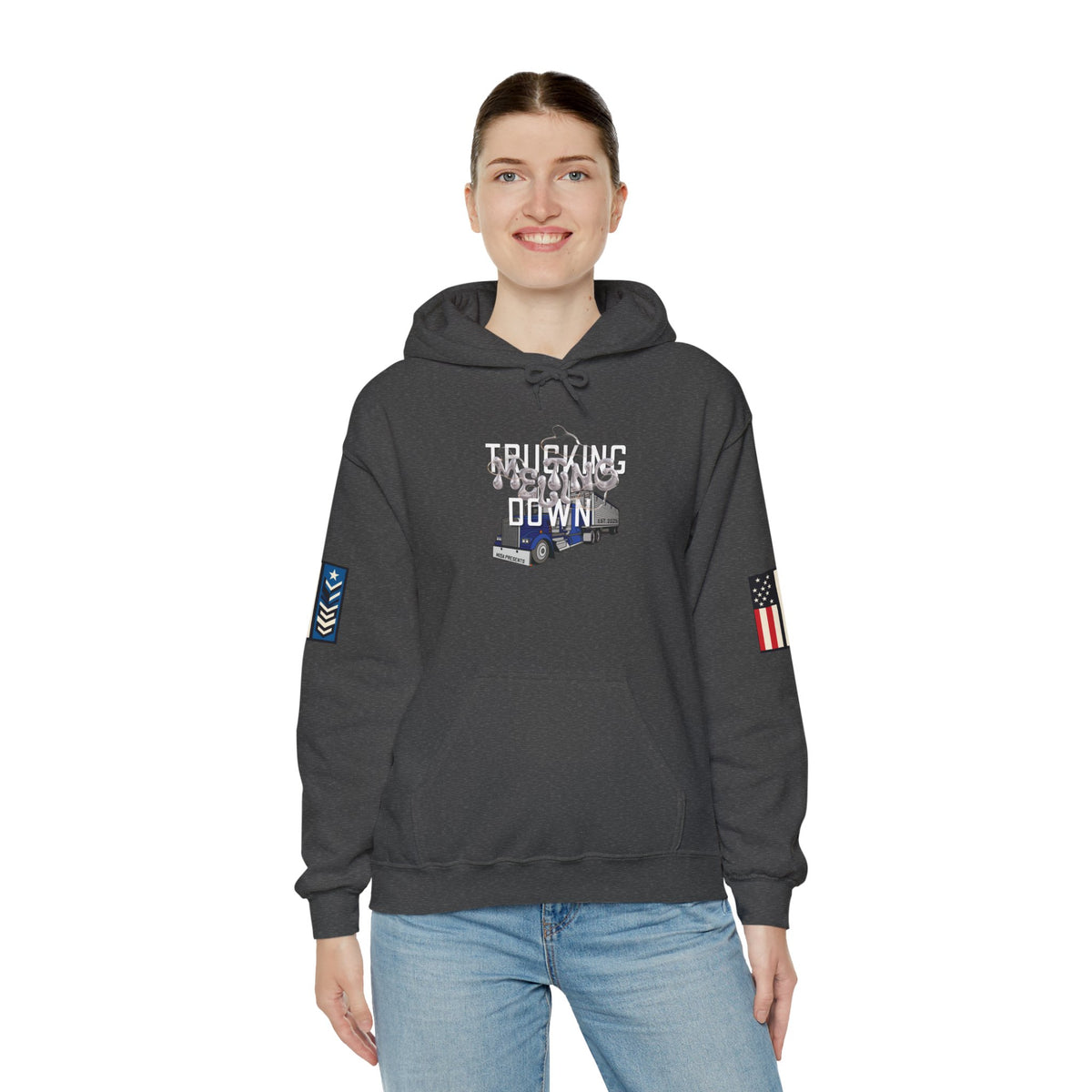 Dark heather trucking meltdown hoodie for truckers and freight brokers by Printify, featuring a comfortable, casual hoodie design.