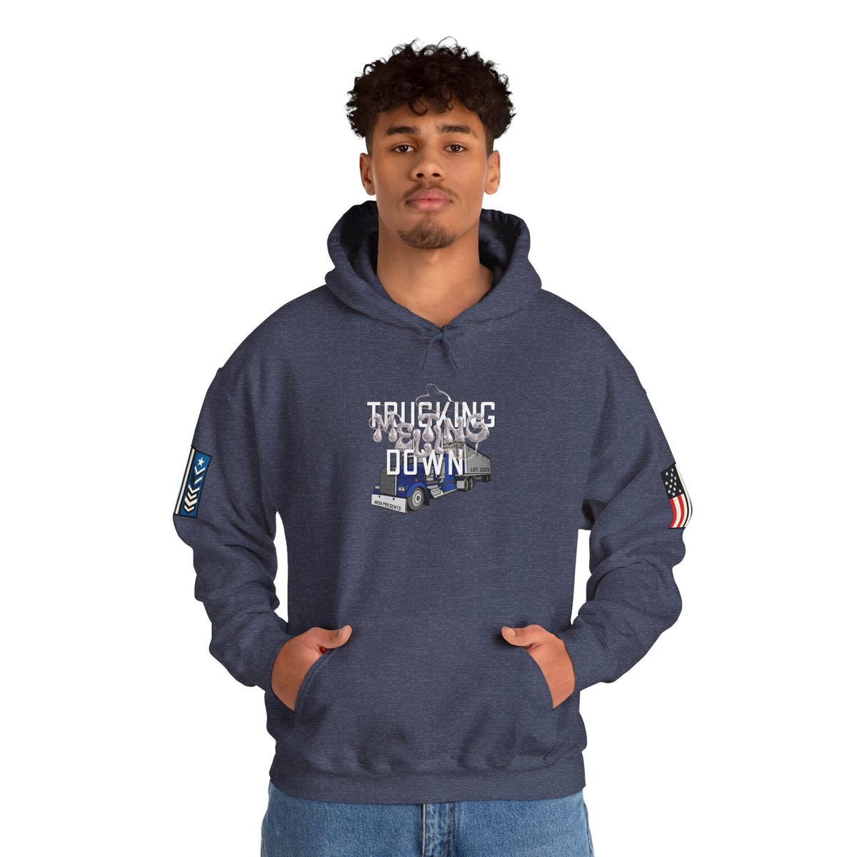 Dark heather trucking meltdown hoodie for truckers and freight brokers, featuring a comfortable fit and bold graphic design.