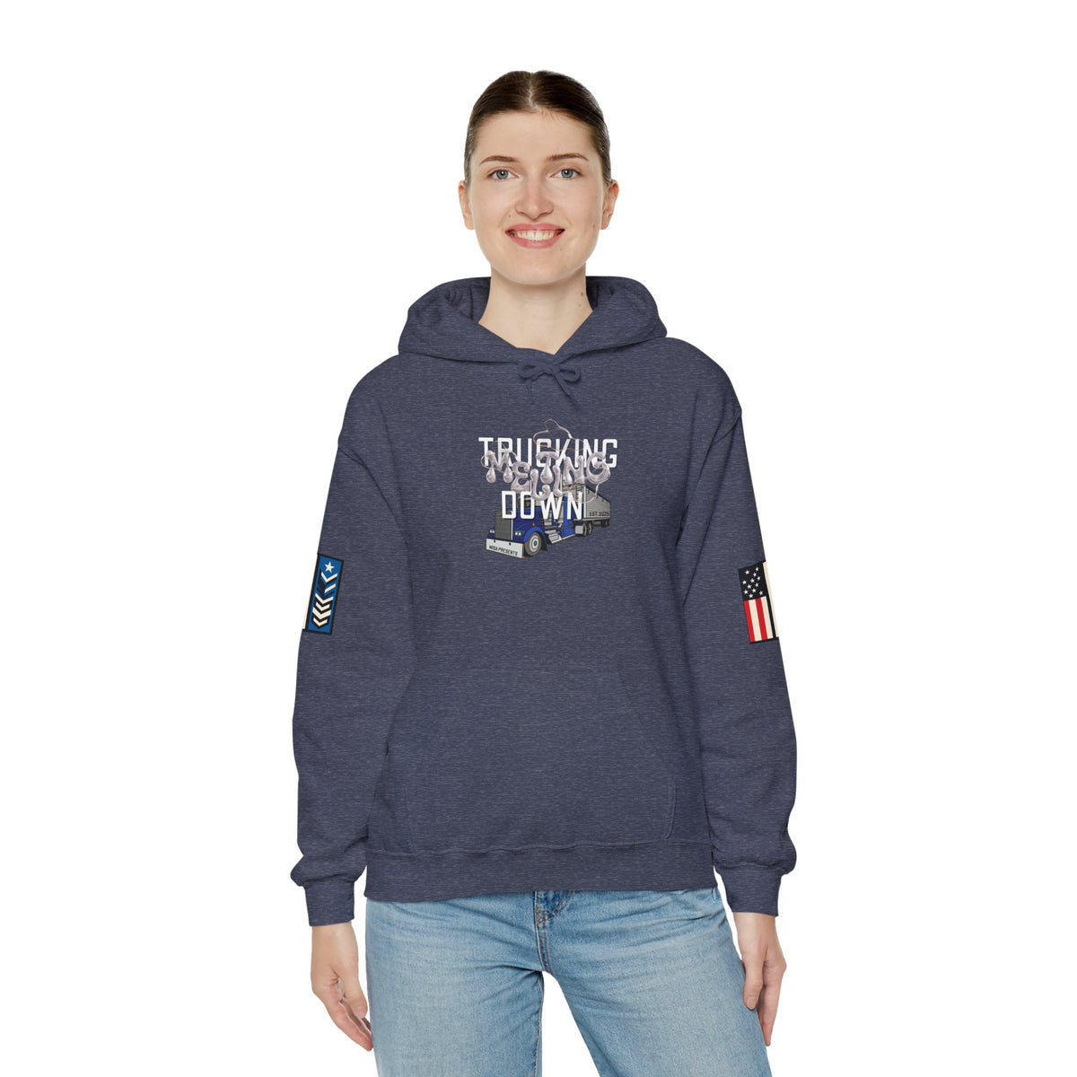 Dark heather trucking meltdown hoodie for truckers and freight brokers, featuring bold printed design on a comfortable hoodie.