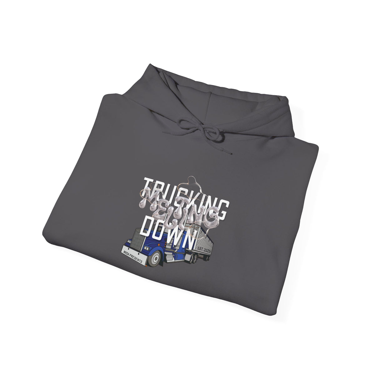 Dark heather Trucking Meltdown Hoodie for truckers and freight brokers by Printify, featuring a comfortable, casual hoodie design.