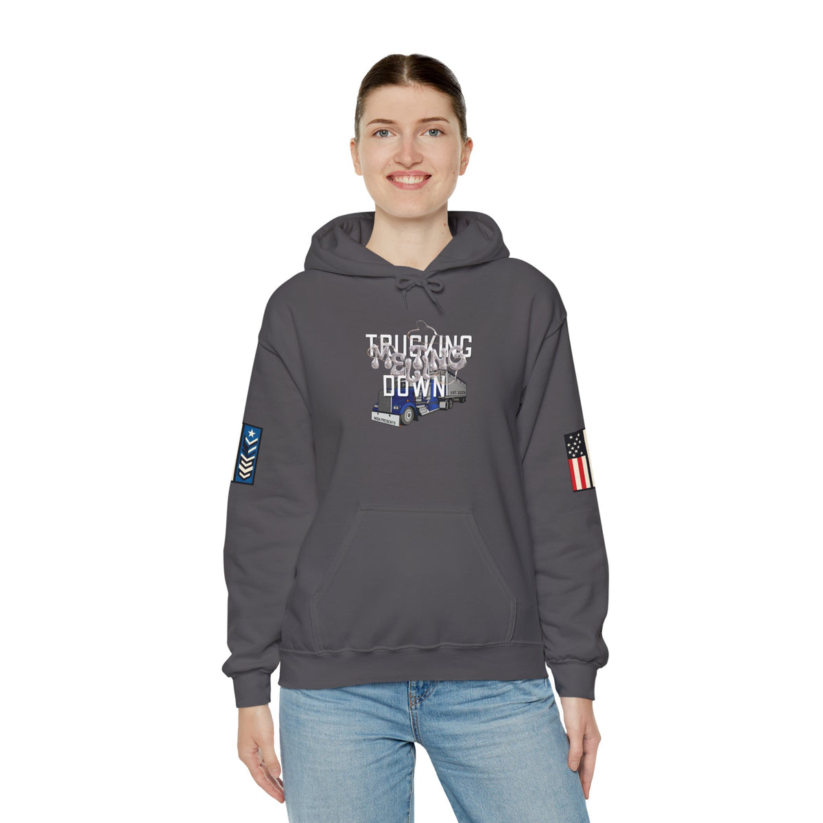 Dark heather trucking meltdown hoodie for truckers and freight brokers by Printify, featuring bold graphic and comfortable fit.