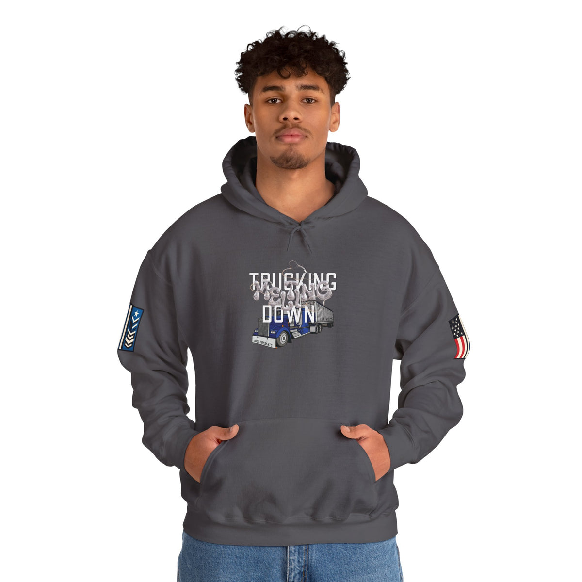 Dark heather trucking meltdown hoodie for truckers and freight brokers, featuring a comfortable, casual hoodie design by Printify.