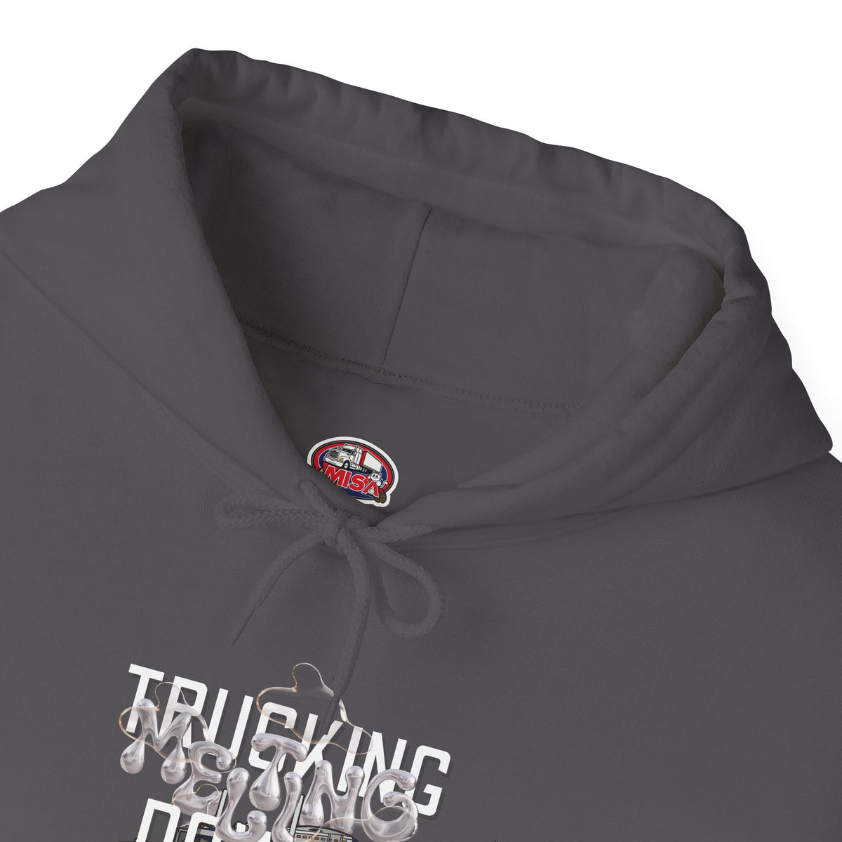 Dark heather trucking meltdown hoodie by Printify, featuring bold trucker and freight broker graphic on front.