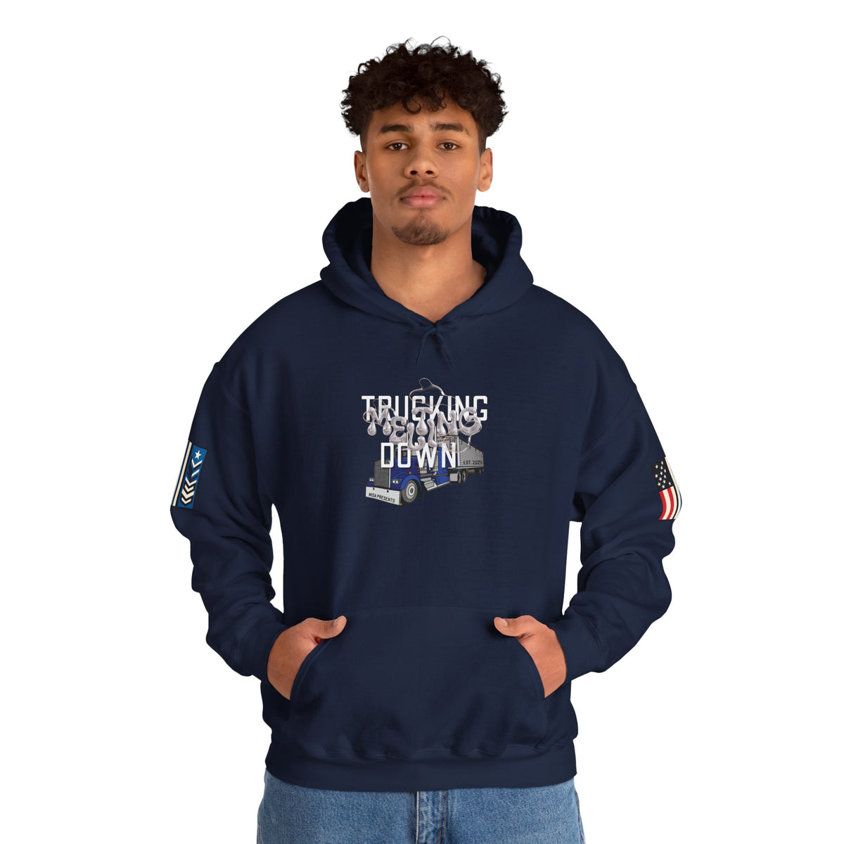 Dark heather trucking meltdown hoodie for truckers and freight brokers, featuring a comfortable, casual fit and printed design.