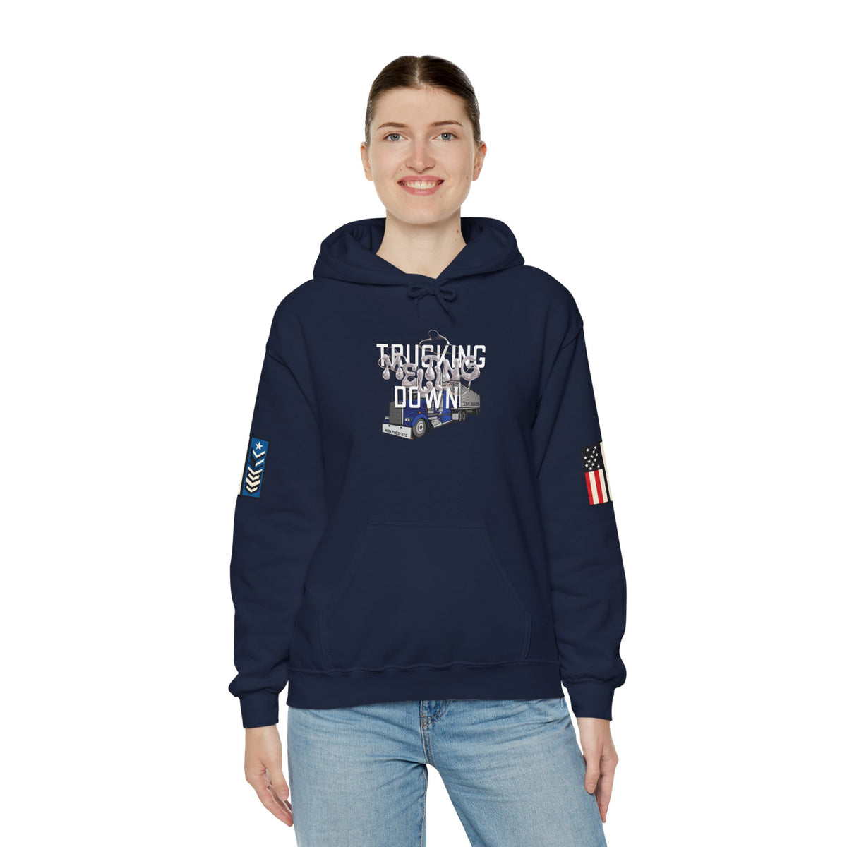 Dark heather trucking meltdown hoodie for truckers and freight brokers, featuring a comfortable printify hoodie design.