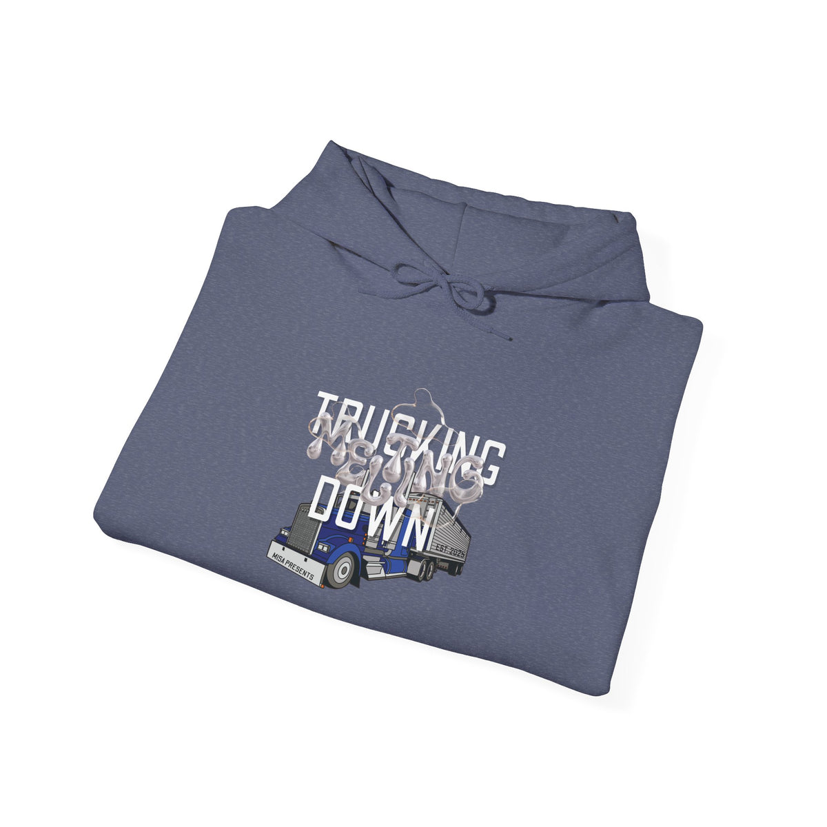 Dark heather trucking meltdown hoodie for truckers and freight brokers, featuring bold graphic print, by Printify.