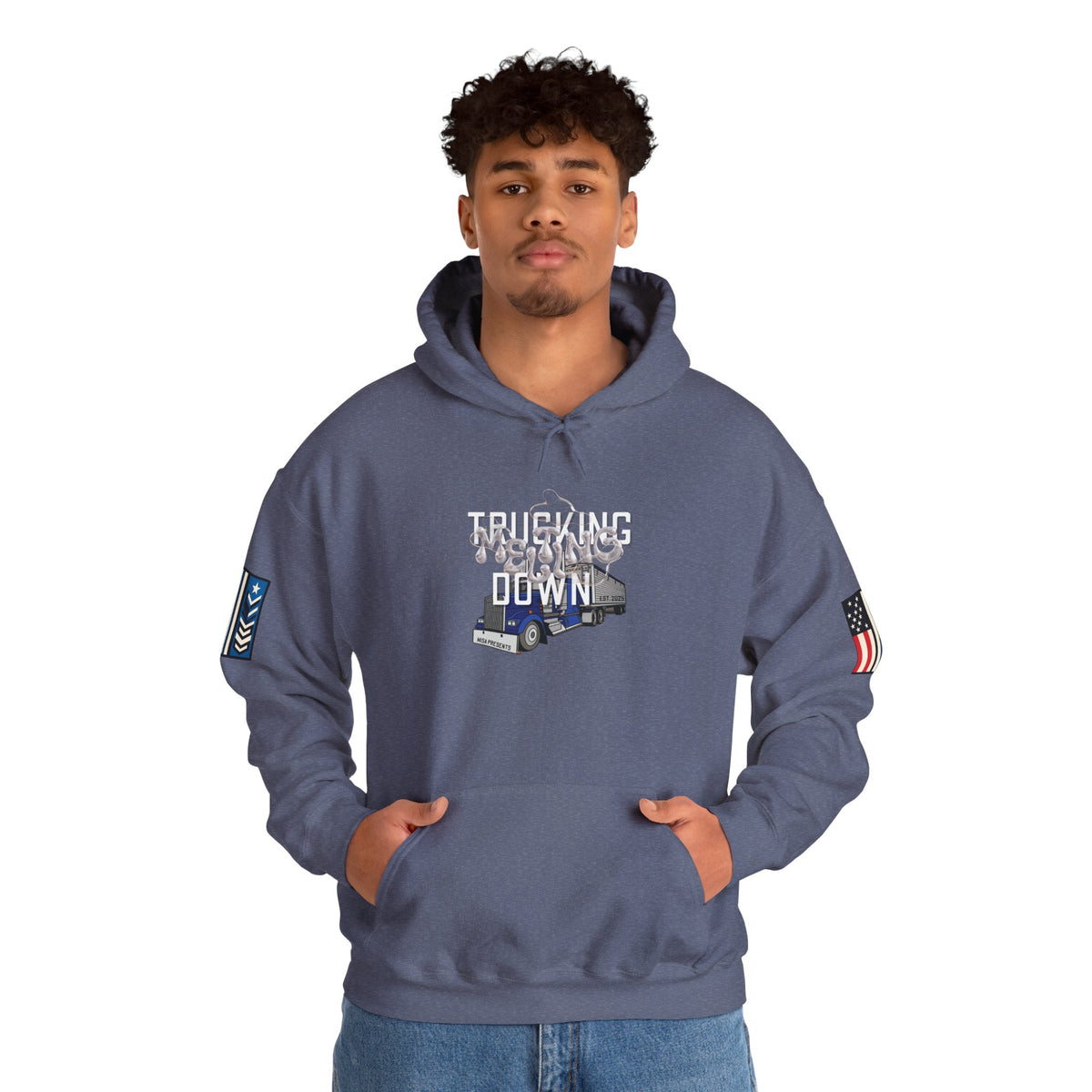 Dark heather trucking meltdown hoodie for truckers and freight brokers, featuring printed design and comfortable hoodie style.