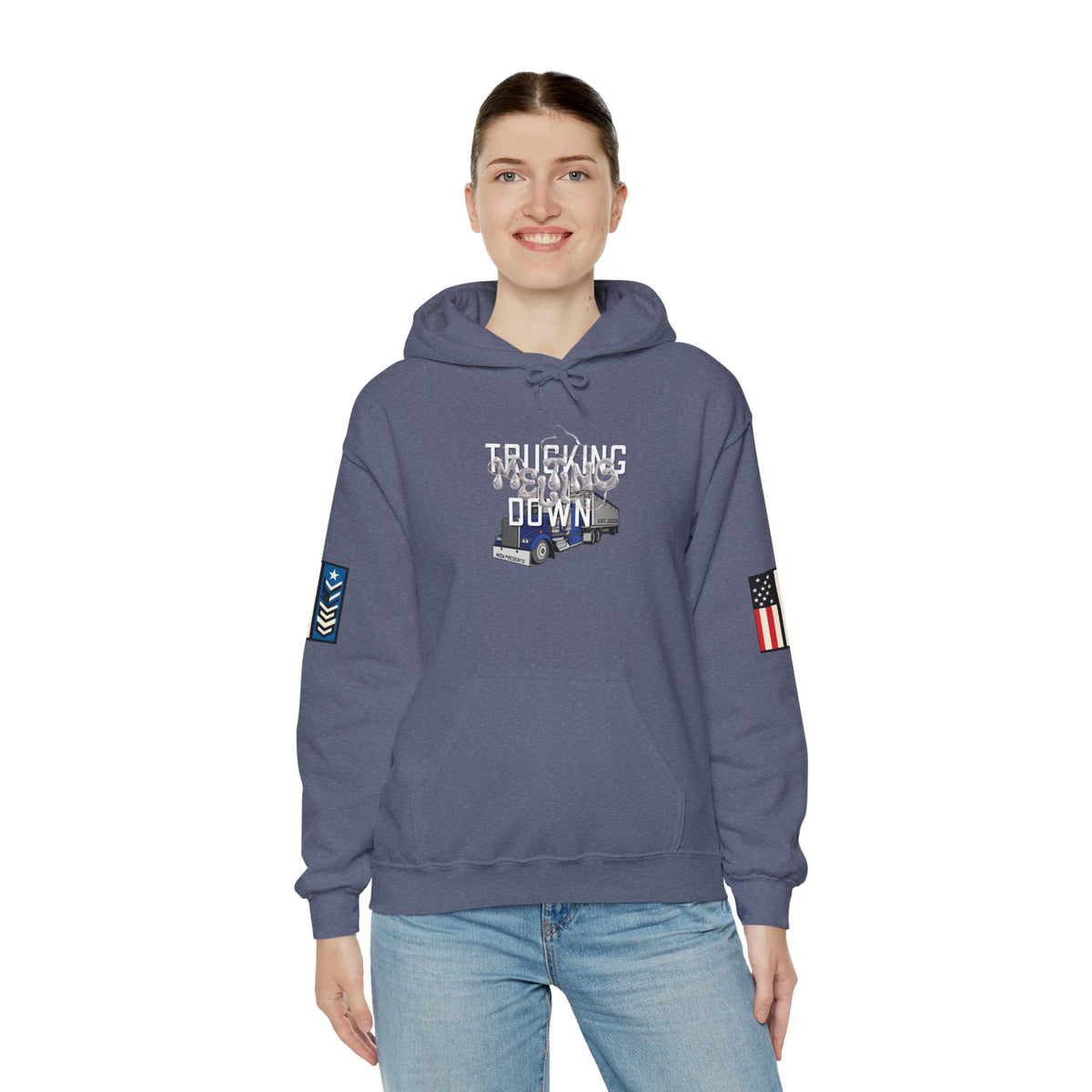 Dark heather trucking meltdown hoodie for truckers and freight brokers, featuring a comfortable hoodie design by Printify.