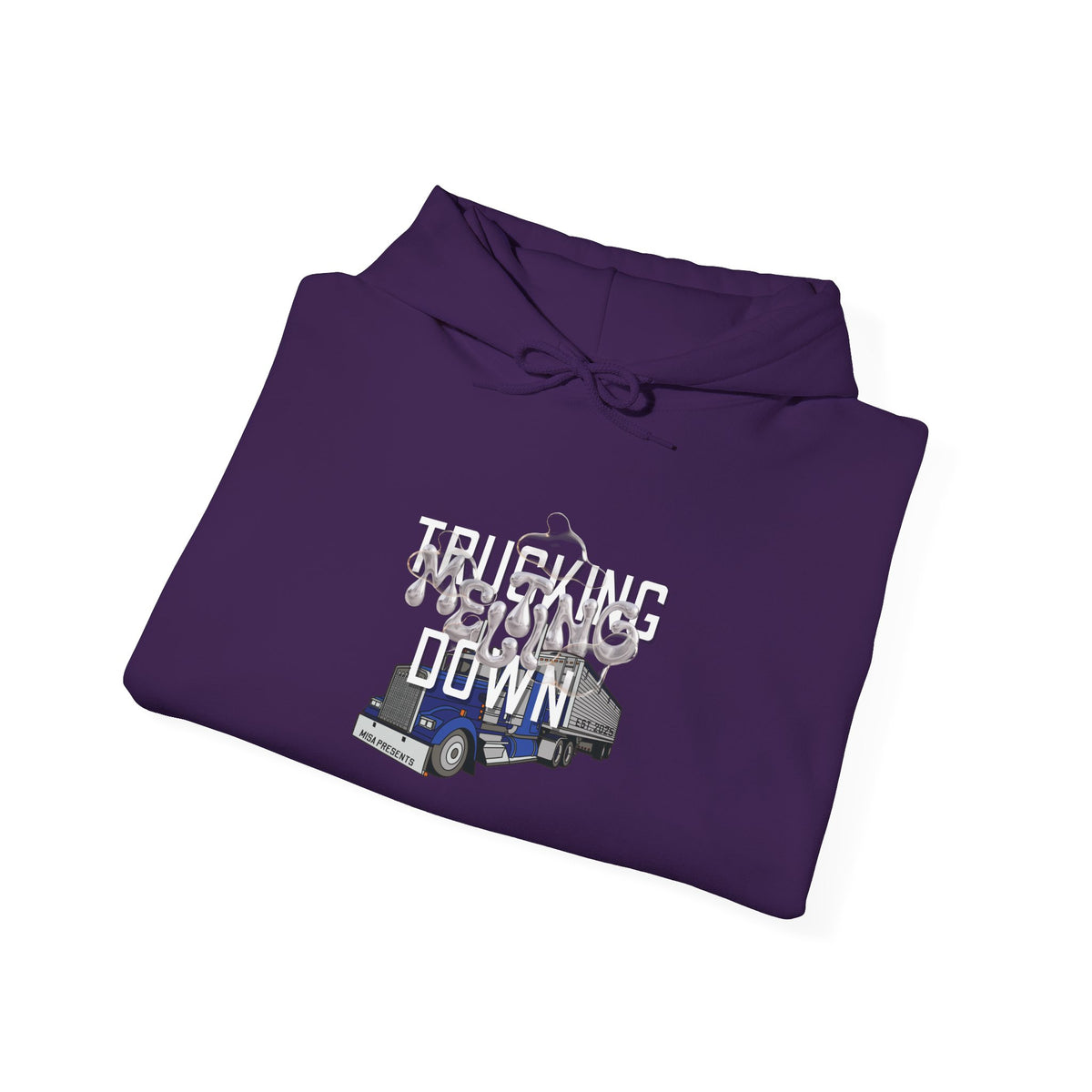 Dark heather Trucking Meltdown hoodie for truckers and freight brokers, featuring printed design from Printify.