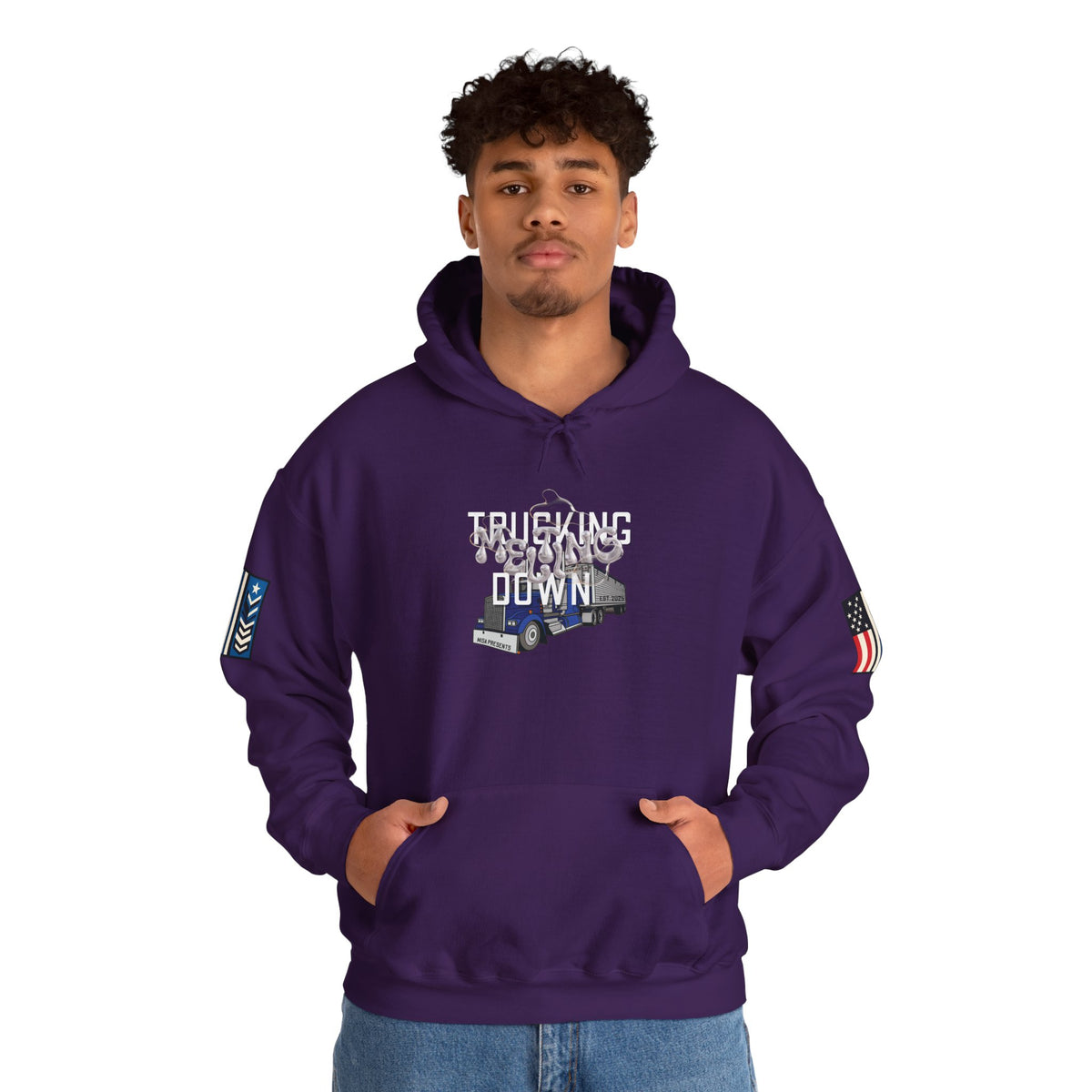 Dark heather Trucking Meltdown hoodie for truckers and freight brokers, featuring bold graphic print on comfortable hoodie.