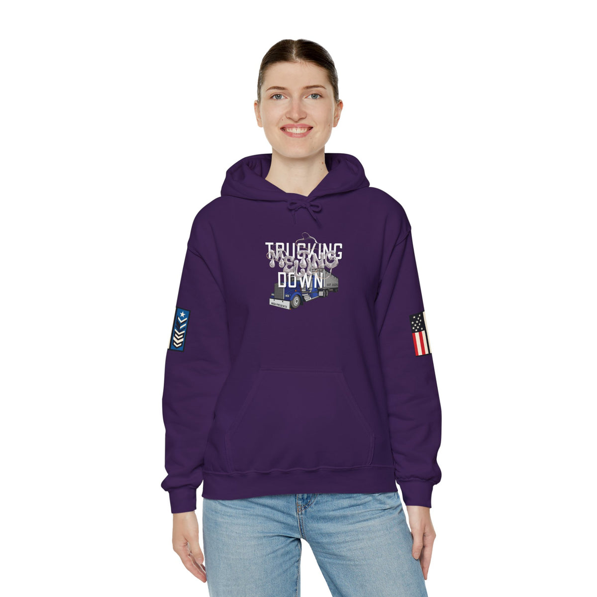 Dark heather trucking meltdown hoodie for truckers and freight brokers, featuring a comfortable pullover design by Printify.