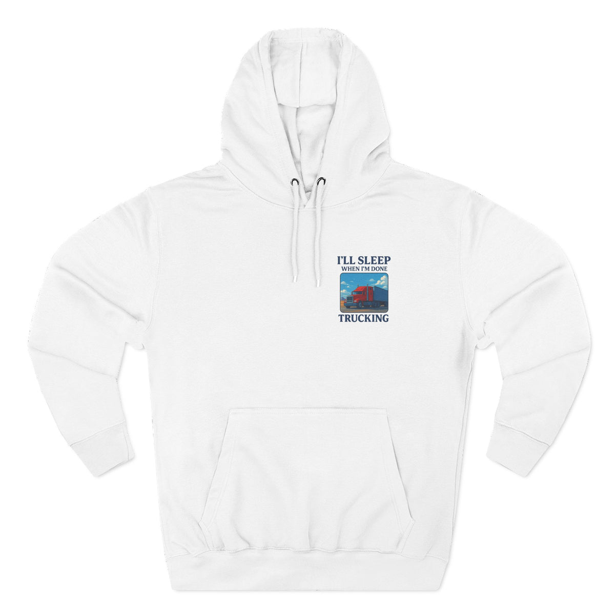 Heather grey Trucker's Fleece Hoodie by Printify featuring the slogan "I'll Sleep When I'm Done" on the front.