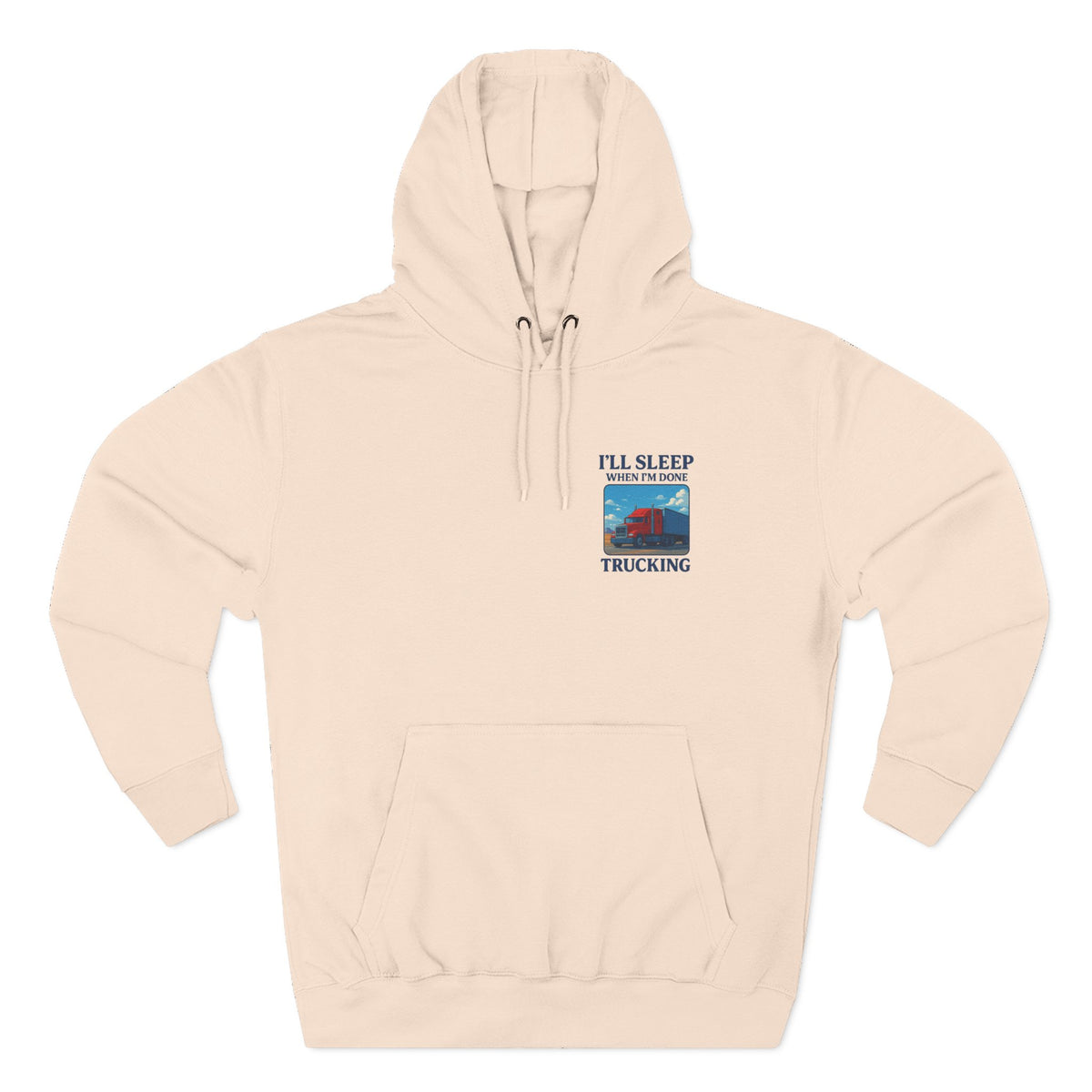 Heather grey Trucker's Fleece Hoodie by Printify with "I'll Sleep When I'm Done" slogan, casual unisex hoodie with fleece fabric.