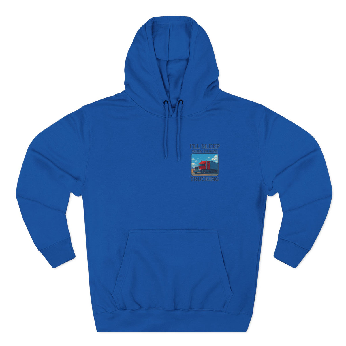 Heather grey Trucker's Fleece Hoodie by Printify with the slogan "I'll Sleep When I'm Done" displayed on front.
