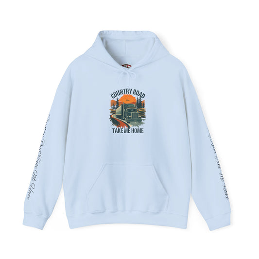 Maroon Country Road hoodie with vintage truck graphic and "Take Me Home" slogan, by Printify, casual hoodie for everyday wear.