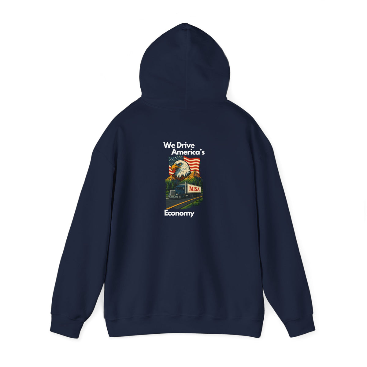 Navy vintage-inspired graphic hoodie by Printify featuring USA map and eagle design, perfect for adventure seekers.