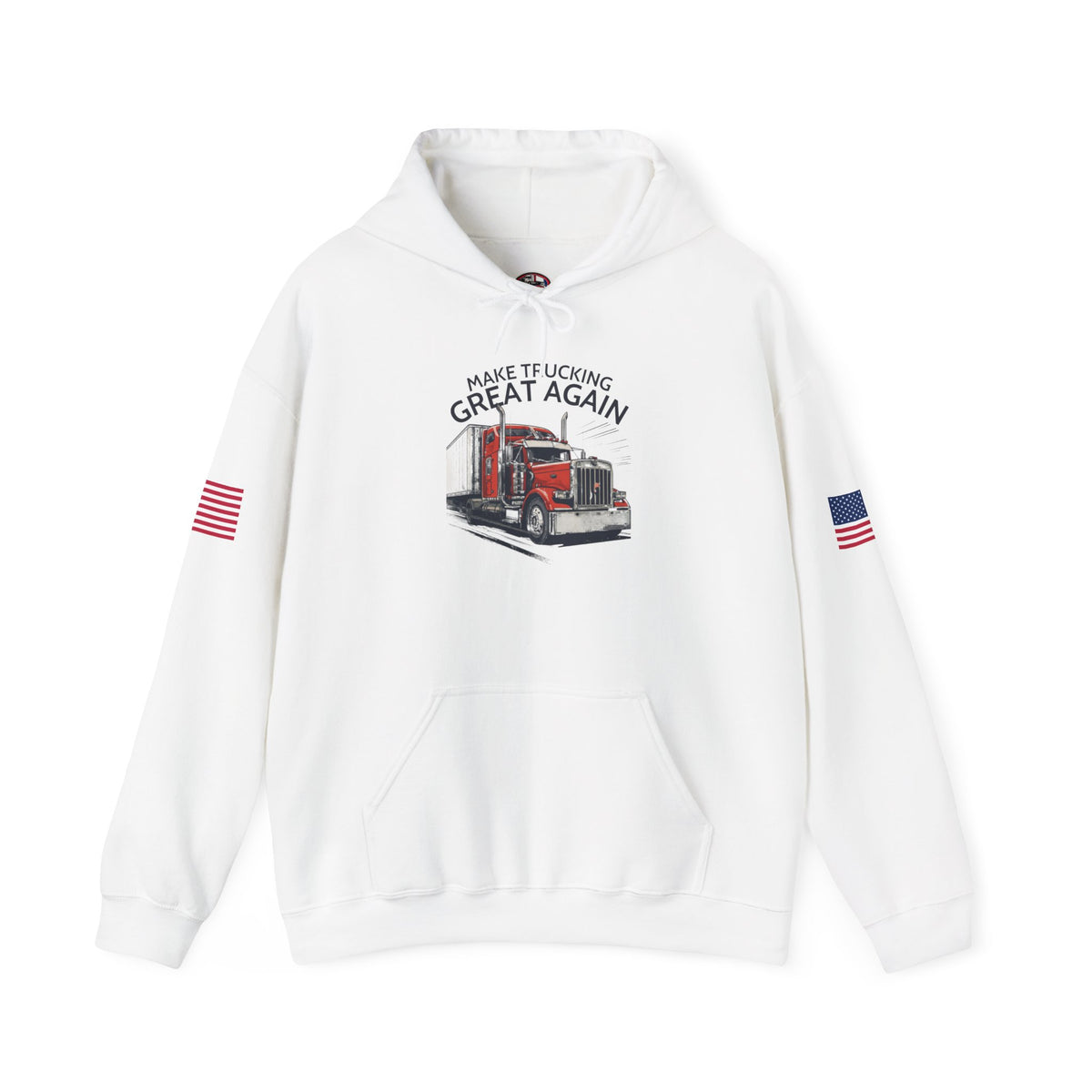 Gray trucker hoodie by Printify featuring "Make Trucking Great Again" text and American flag sleeves.