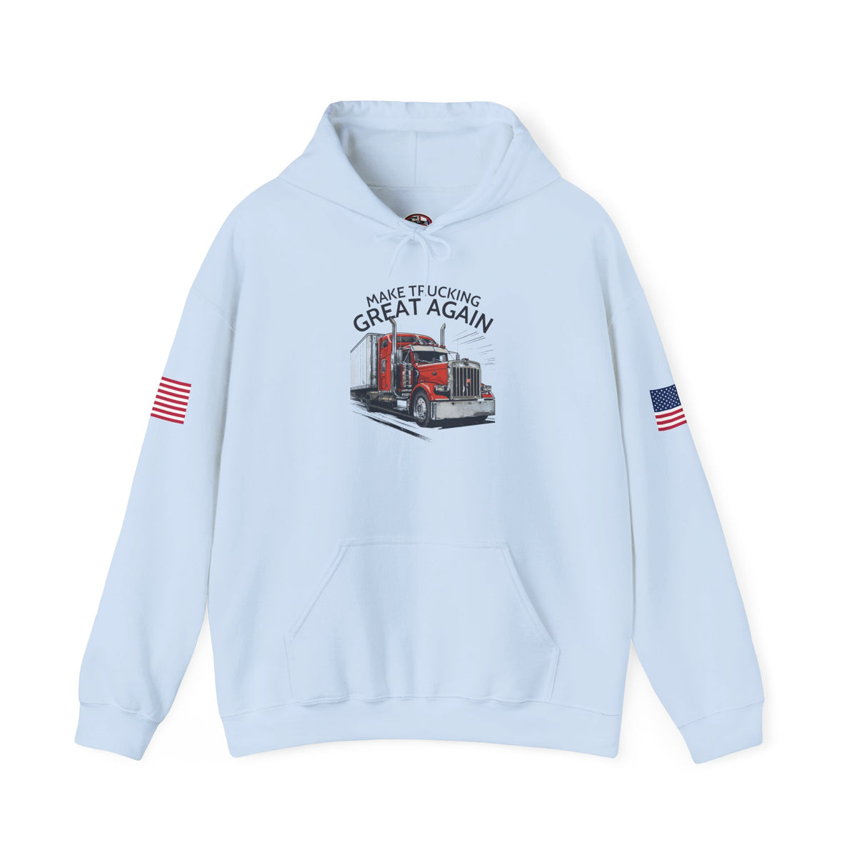 Gray trucker hoodie by Printify with "Make Trucking Great Again" slogan and American flag sleeves, casual and patriotic style.