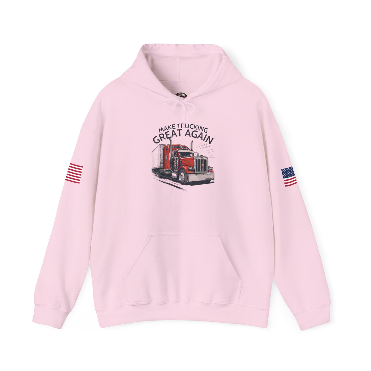 Gray Trucker Hoodie by Printify with "Make Trucking Great Again" text and American flag sleeves, casual and patriotic style.
