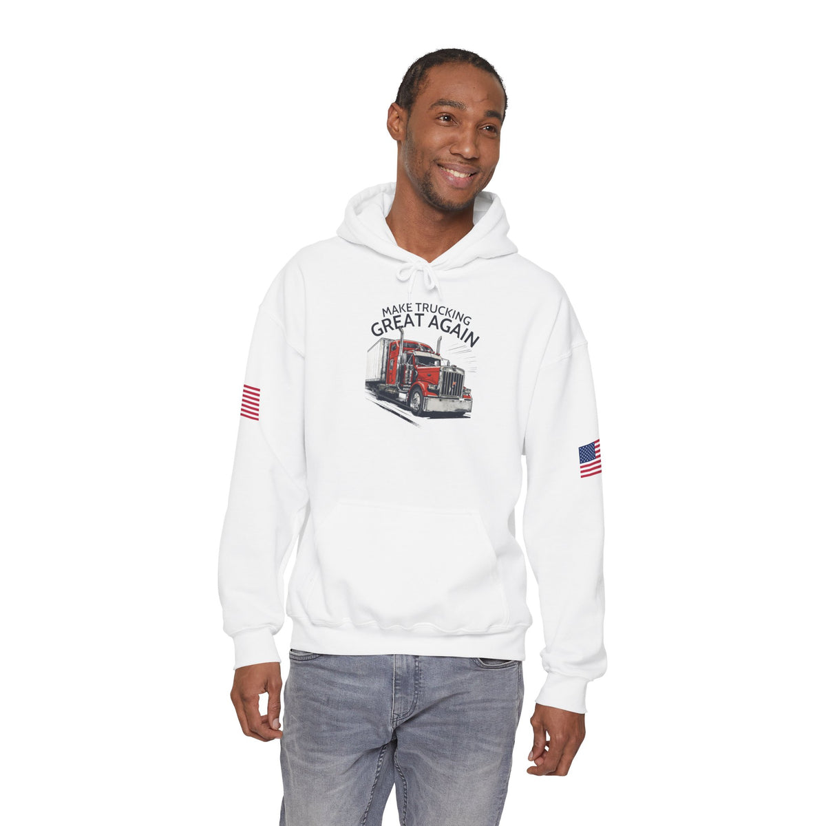 Grey trucker hoodie by Printify with "Make Trucking Great Again" text and American flag sleeves, casual and patriotic style.