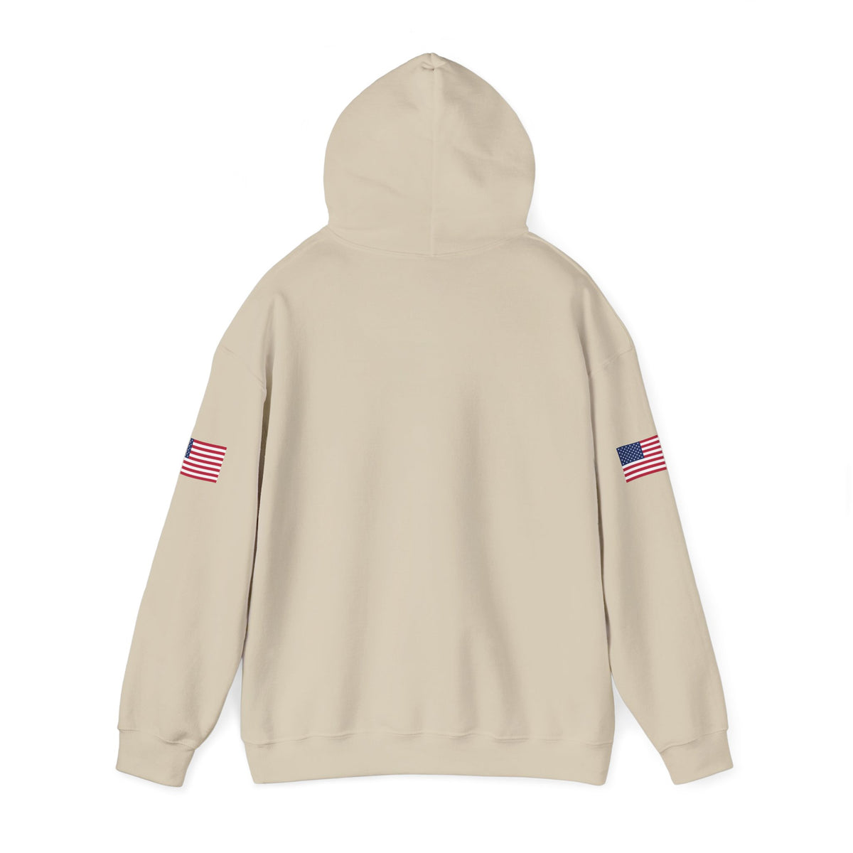 Printify trucker hoodie with "Make Trucking Great Again" text and American flag sleeves in grey, casual streetwear style.