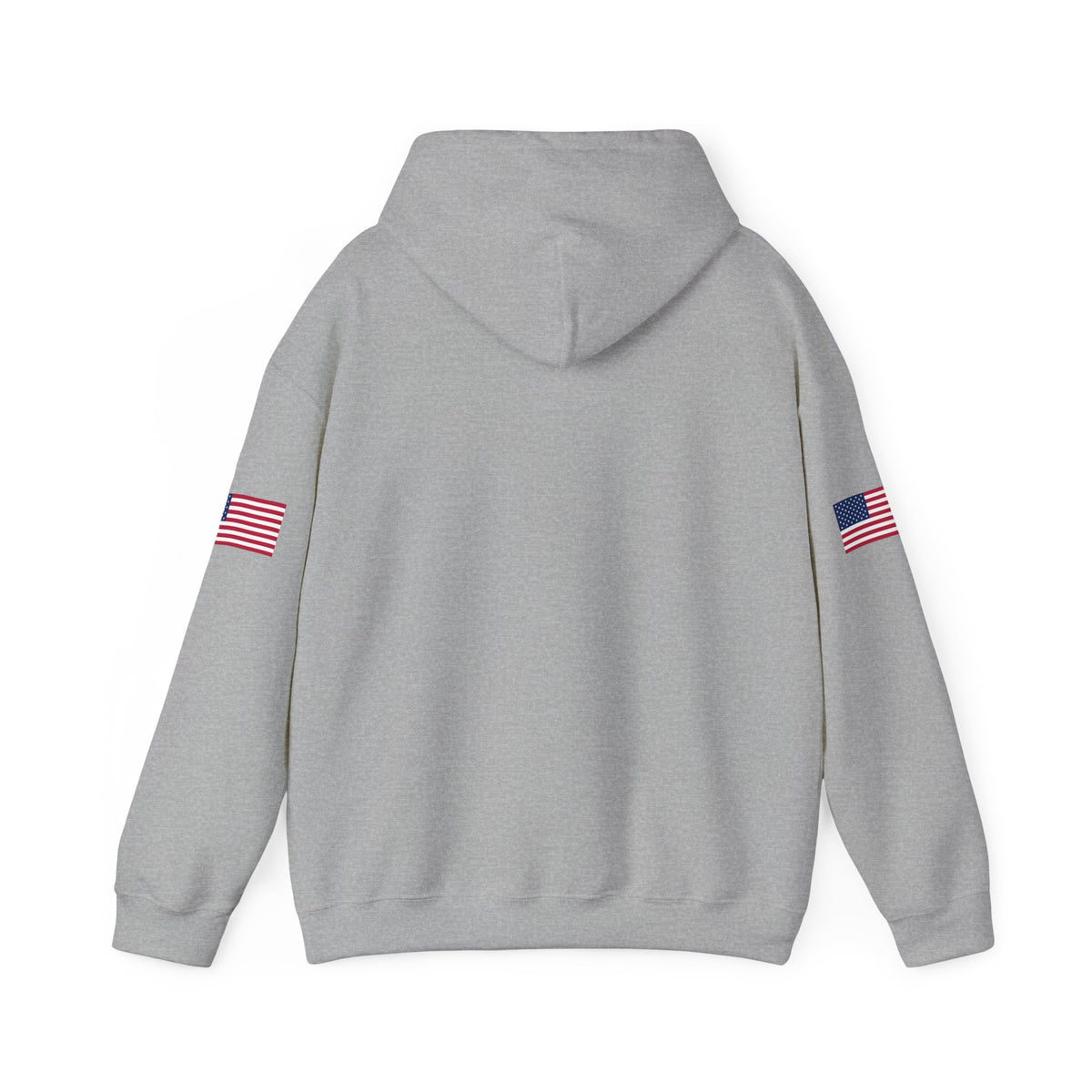 Gray trucker hoodie by Printify with American flag sleeves and "Make Trucking Great Again" slogan.