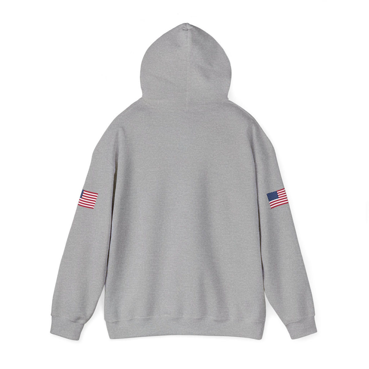 Grey Trucker Hoodie by Printify with "Make Trucking Great Again" text and American flag sleeve design.