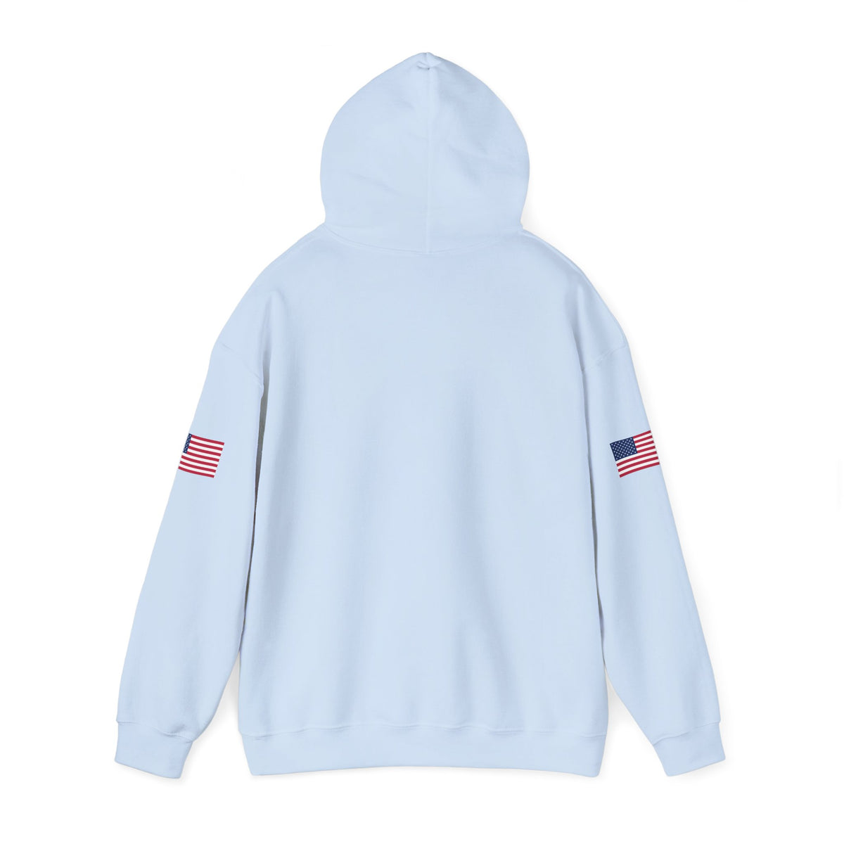 Gray Trucker Hoodie by Printify with "Make Trucking Great Again" and American flag sleeves, casual and bold trucker hoodie style.