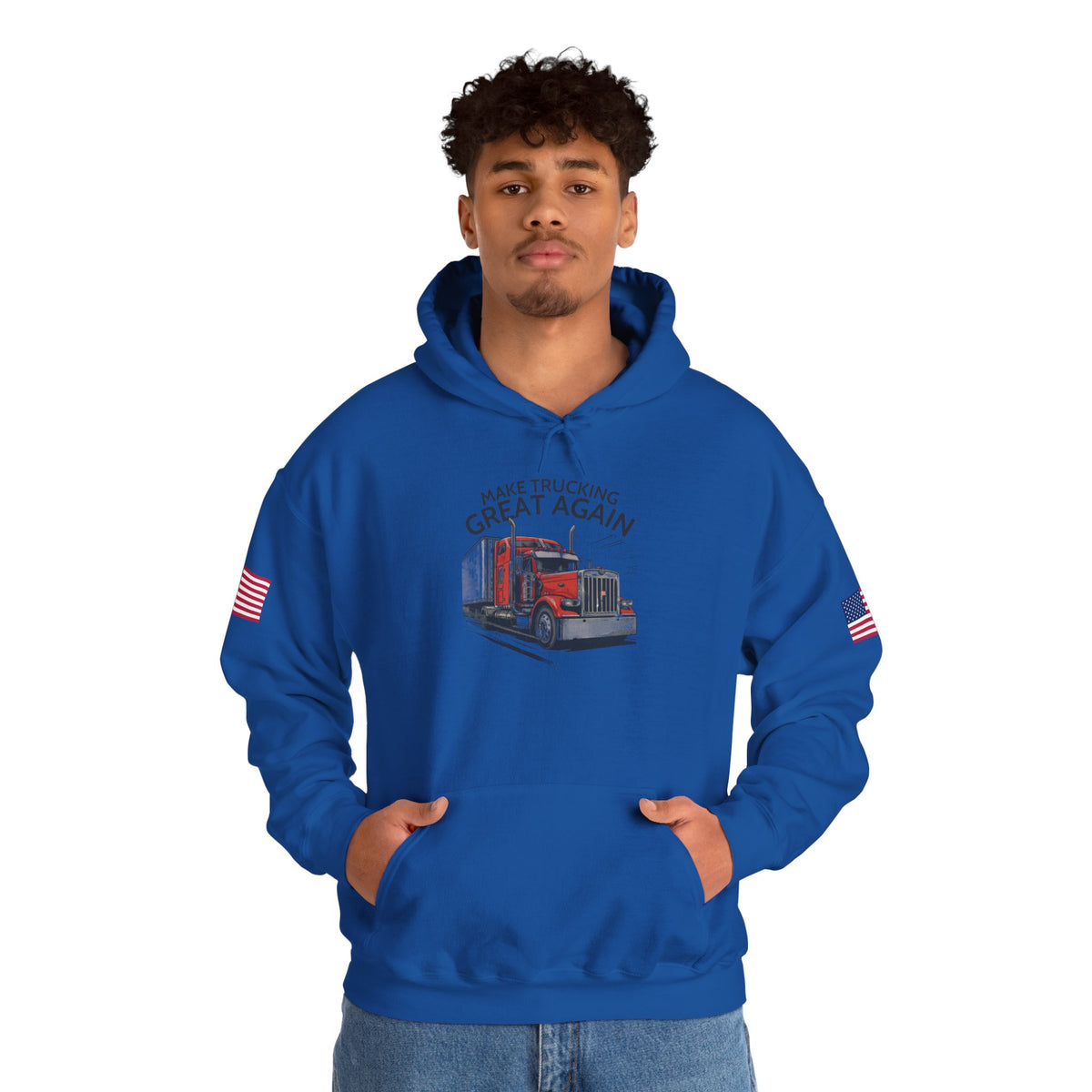 Grey trucker hoodie by Printify with "Make Trucking Great Again" text and American flag sleeves, casual and patriotic style.