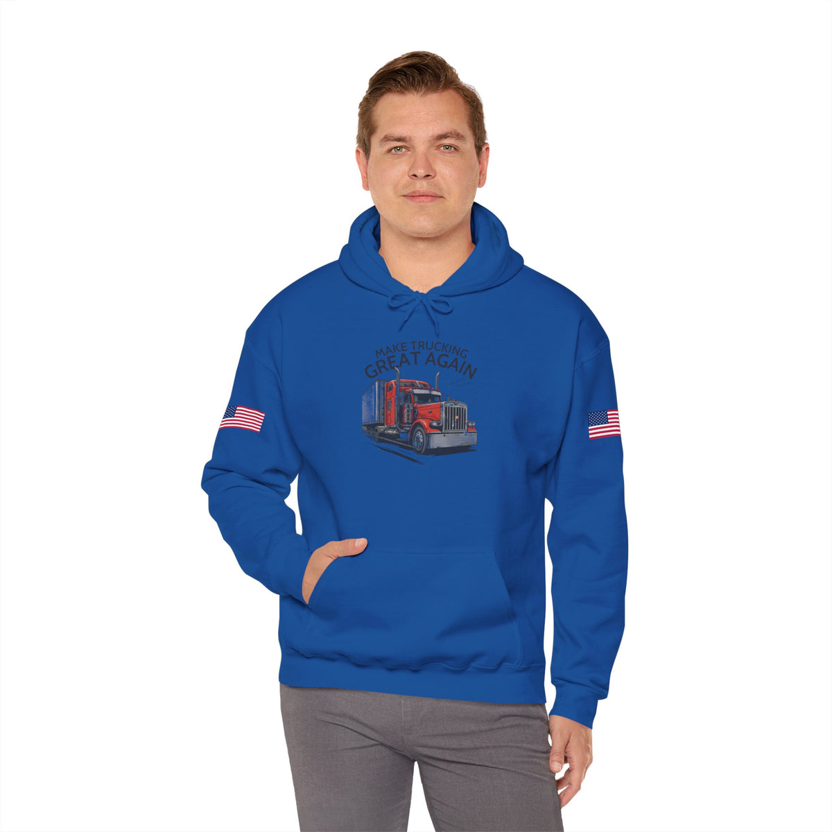 Printify trucker hoodie with grey fabric, American flag sleeves, and "Make Trucking Great Again" slogan on the front.