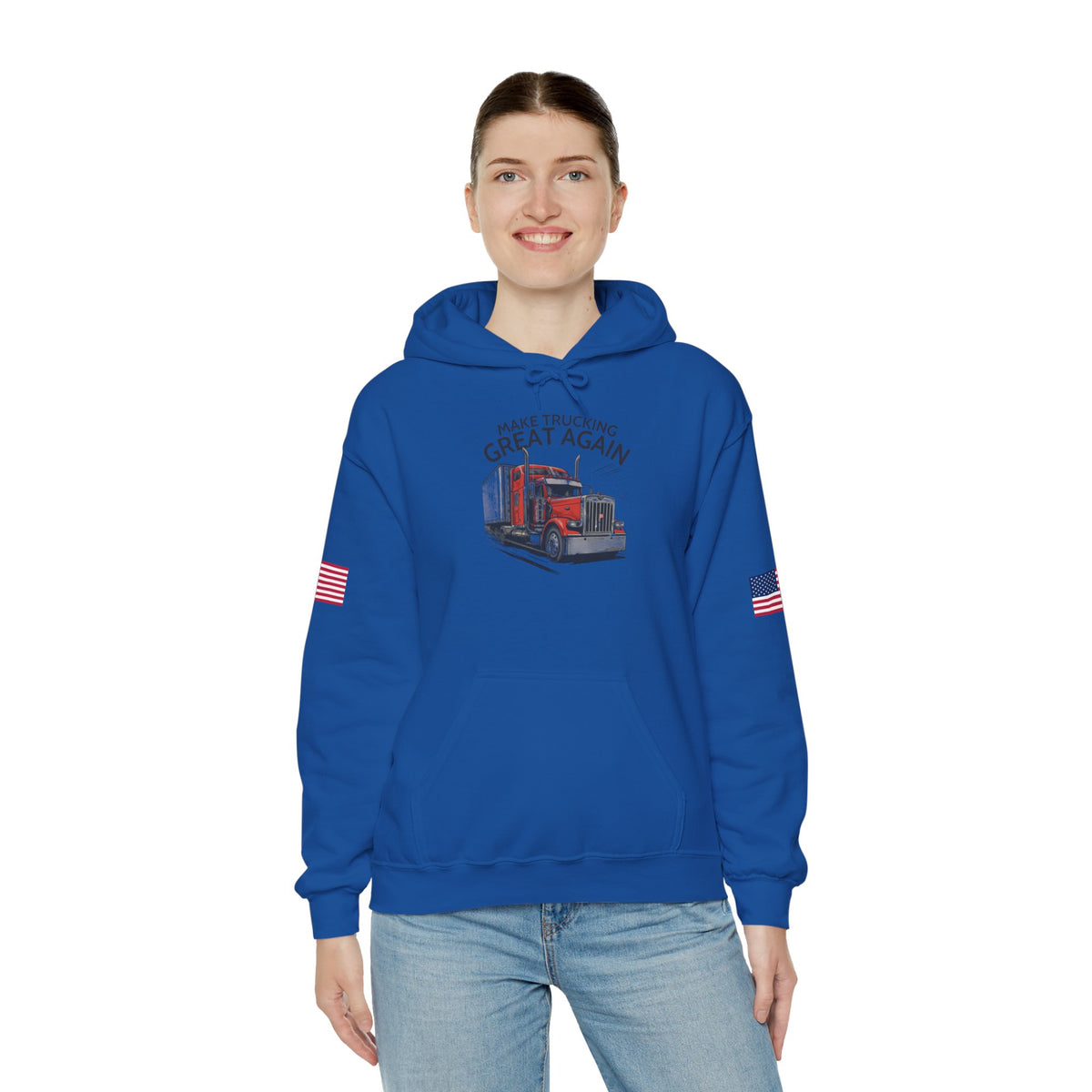 Printify grey trucker hoodie with "Make Trucking Great Again" slogan and American flag sleeves, casual unisex hoodie for truck enthusiasts