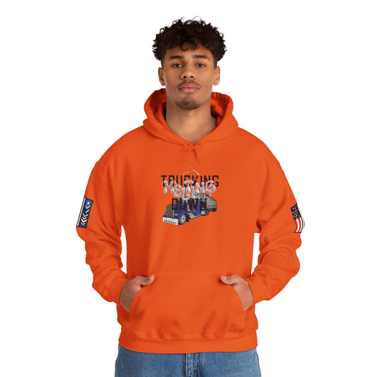 White Melting Down Unisex Hoodie by Printify featuring a trucking design, casual hoodie with a relaxed fit and graphic print.
