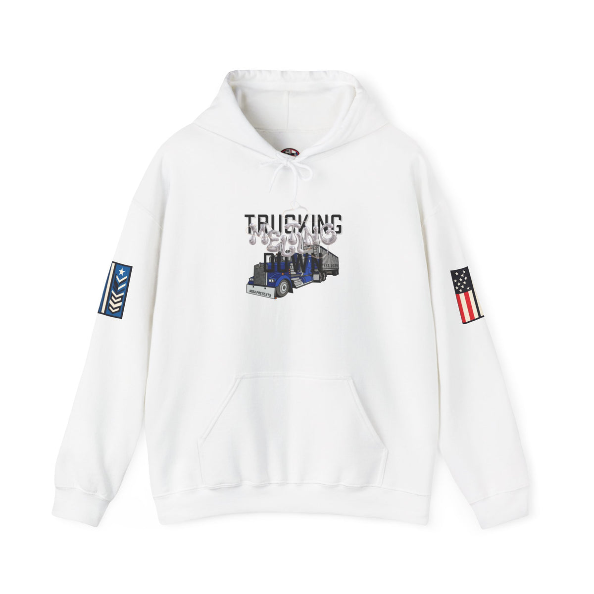 White Melting Down unisex hoodie with trucking design by Printify, featuring a casual fit and graphic print on the front.