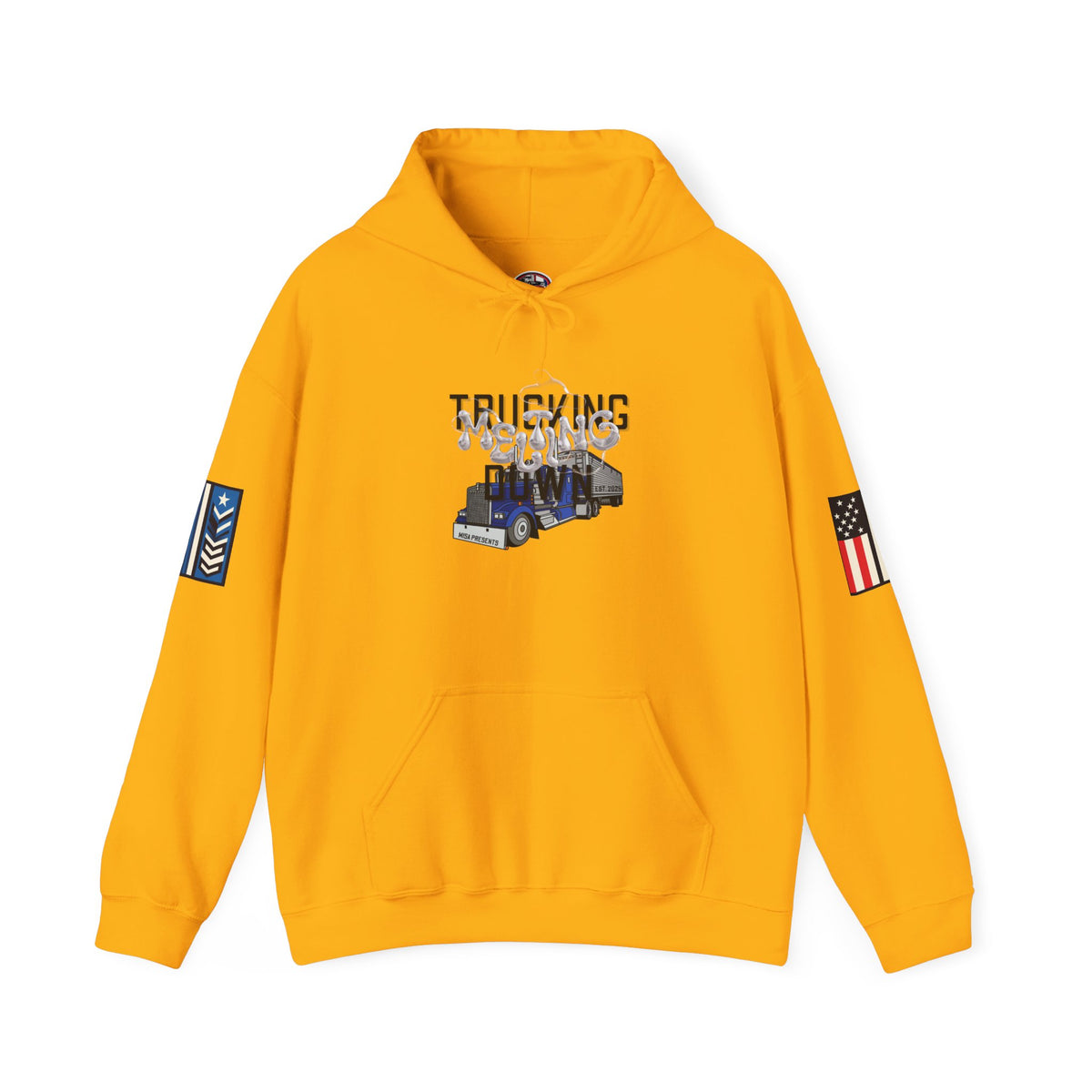 White Melting Down unisex hoodie with trucking design, featuring a comfortable fit and printed by Printify.